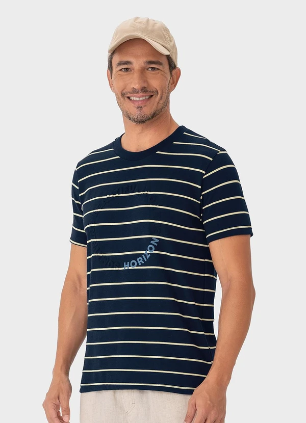 Malwee - Camiseta Azul Marinho Listrada com Embossing