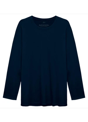 Basicamente - Camiseta Básica Manga Longa Plus Masculina Azul - BASICAMENTE