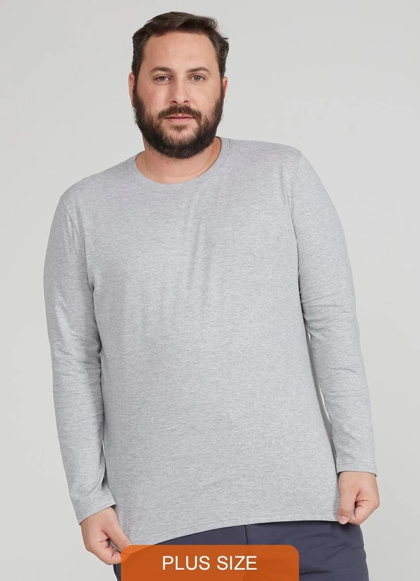 Basicamente - Camiseta Básica Manga Longa Plus Masculina Cinza
