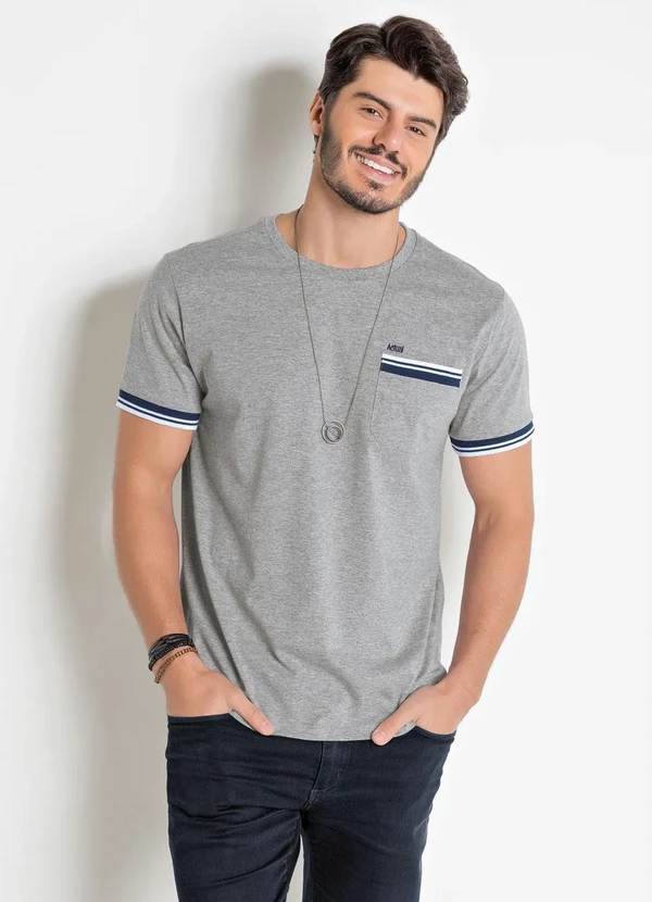 Actual - Camiseta Cinza com Detalhe nas Mangas