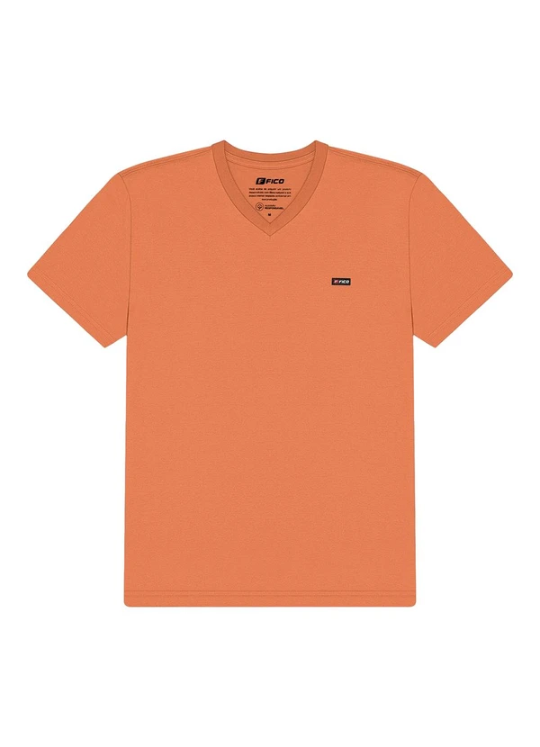Fico - Camiseta com Gola V em Meia Malha Laranja
