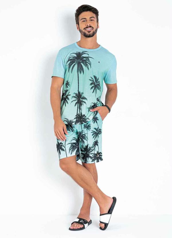 Outlet - Camiseta Folhagem Azul e Verde com Mangas Curtas 3