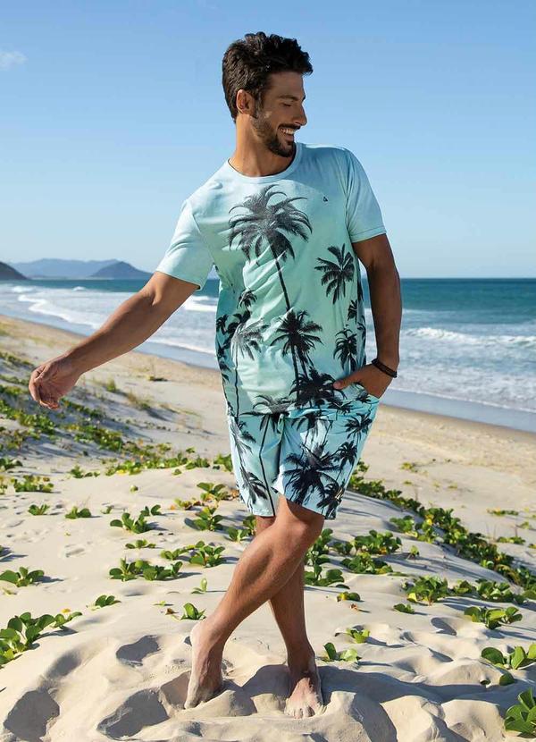 Outlet - Camiseta Folhagem Azul e Verde com Mangas Curtas 5