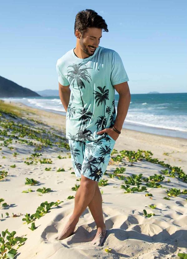 Outlet - Camiseta Folhagem Azul e Verde com Mangas Curtas 6