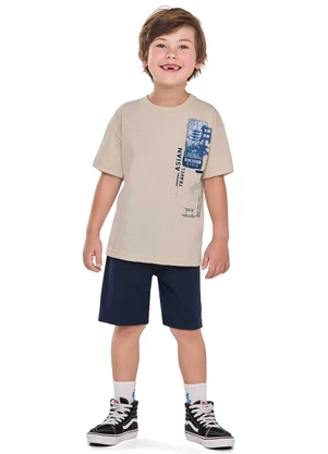 Elian - Camiseta Infantil Menino Flamê com Puff Bege - ELIAN