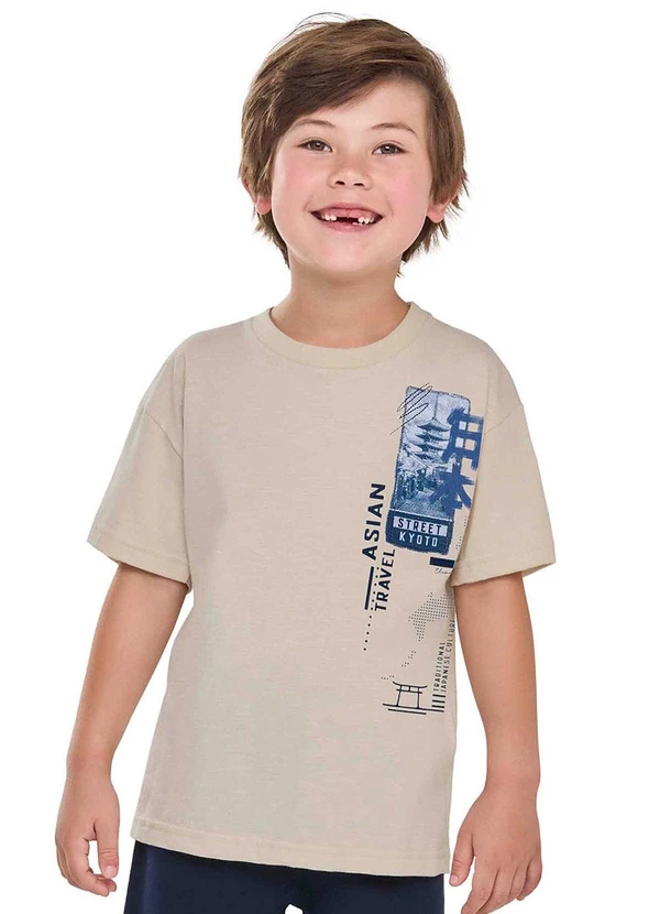 Elian - Camiseta Infantil Menino Flamê com Puff Bege
