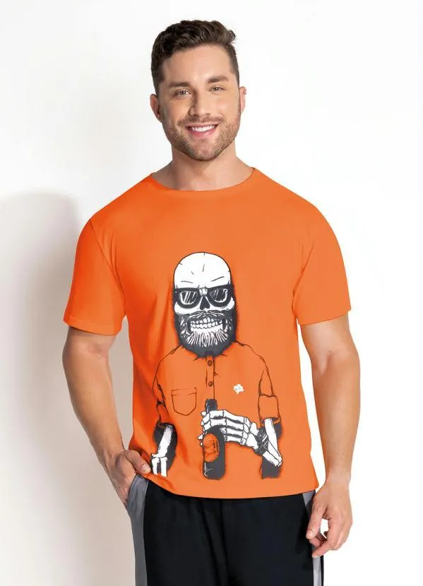 Moda Pop - Camiseta Laranja com Estampa Localizada