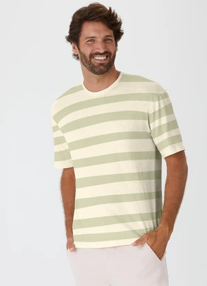 Malwee - Camiseta Listrada Relaxed Fit em Linho Verde Água - MALWEE