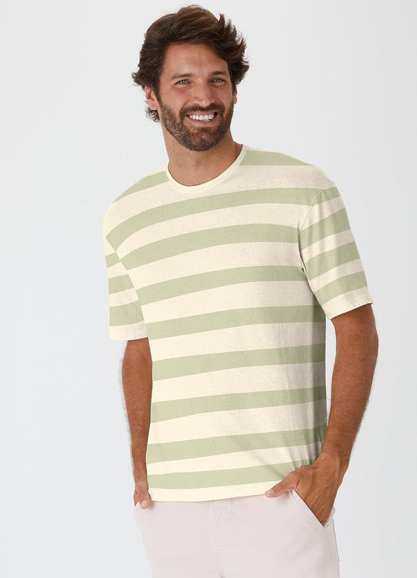 Malwee - Camiseta Listrada Relaxed Fit em Linho Verde Água