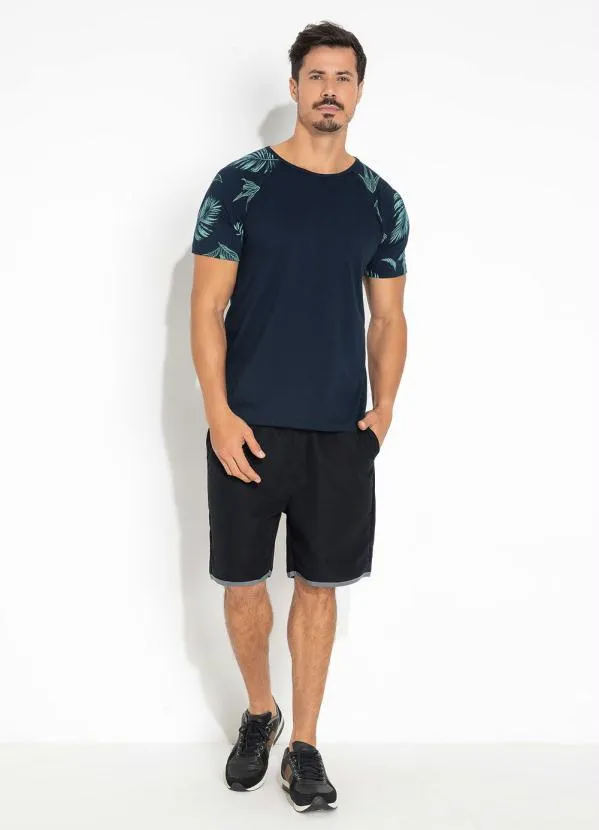 Moda Pop - Camiseta Marinho com as Mangas Estampadas 3