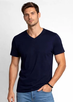 Select - Camiseta Masculina Básica com Gola em V Azul - SELECT