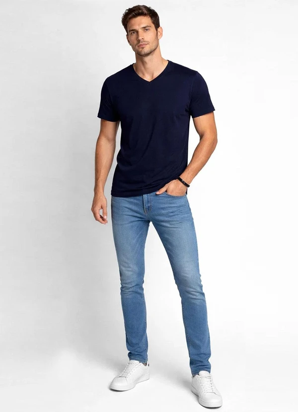 Select - Camiseta Masculina Básica com Gola em V Azul 3