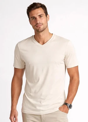 Select - Camiseta Masculina Básica com Gola em V Bege - SELECT