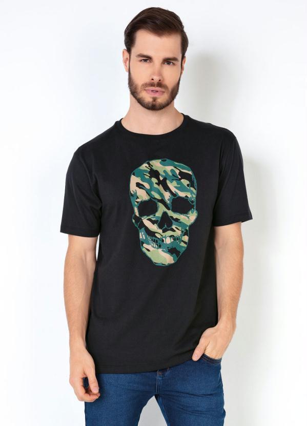 Outlet - Camiseta Masculina Caveira Camuflada Preta