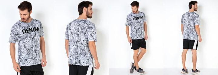 Camiseta Masculina com Estampa de Folhas Cinza