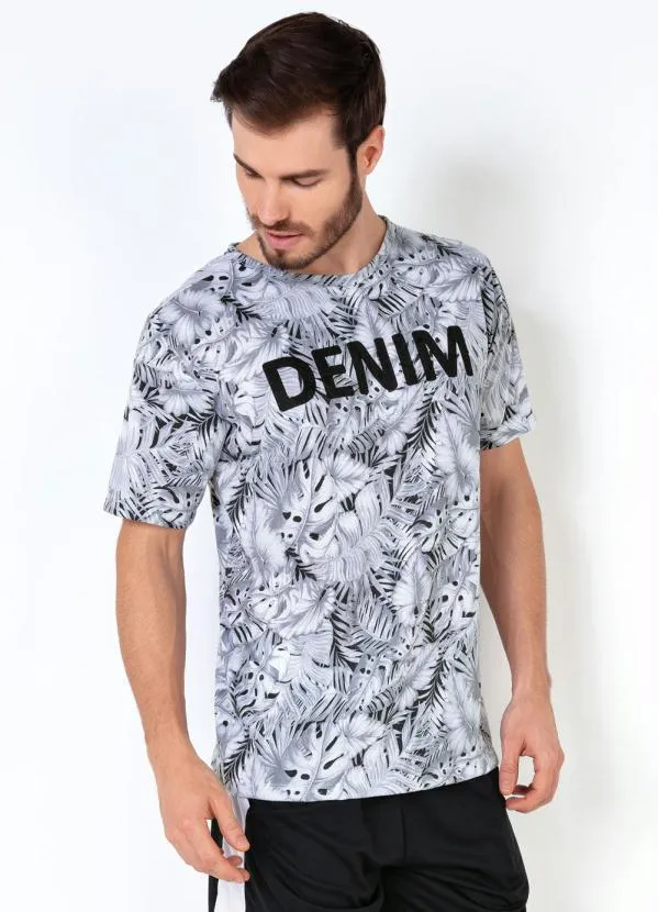 Moda Pop - Camiseta Masculina com Estampa de Folhas Cinza