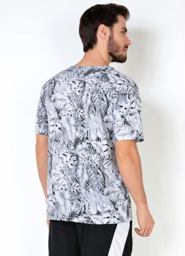 Moda Pop - Camiseta Masculina com Estampa de Folhas Cinza 2