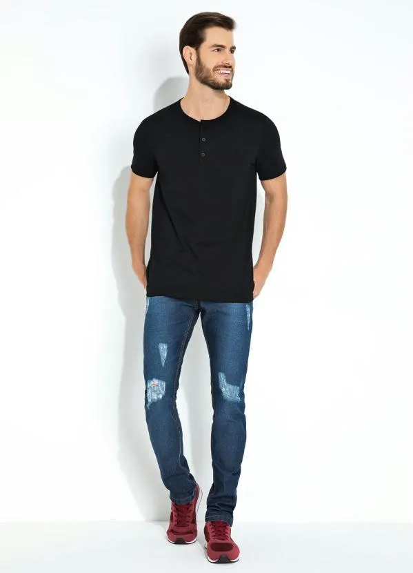 Basicamente - Camiseta Preta Masculina com Botões 3