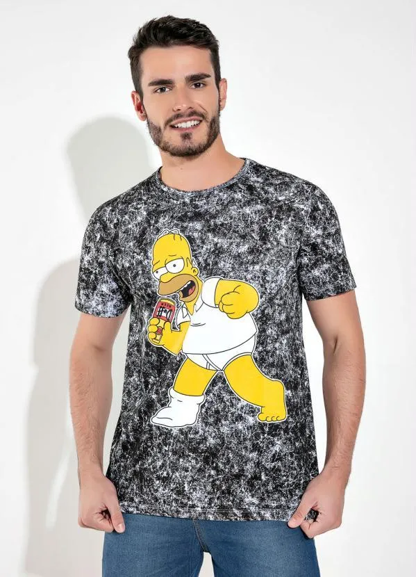 - Camiseta Preto Marmorizado e Estampa Localizada