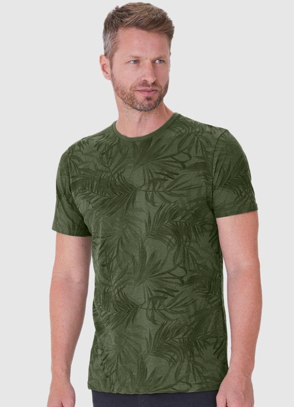 Malwee - Camiseta Verde Militar Folhagens em Linho