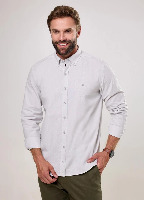 Happy - Camisa Masculina Slim Oxford Cinza