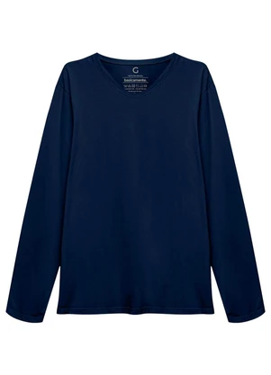 Basicamente - Camiseta Básica Gola V Manga Longa Azul Marinho - BASICAMENTE
