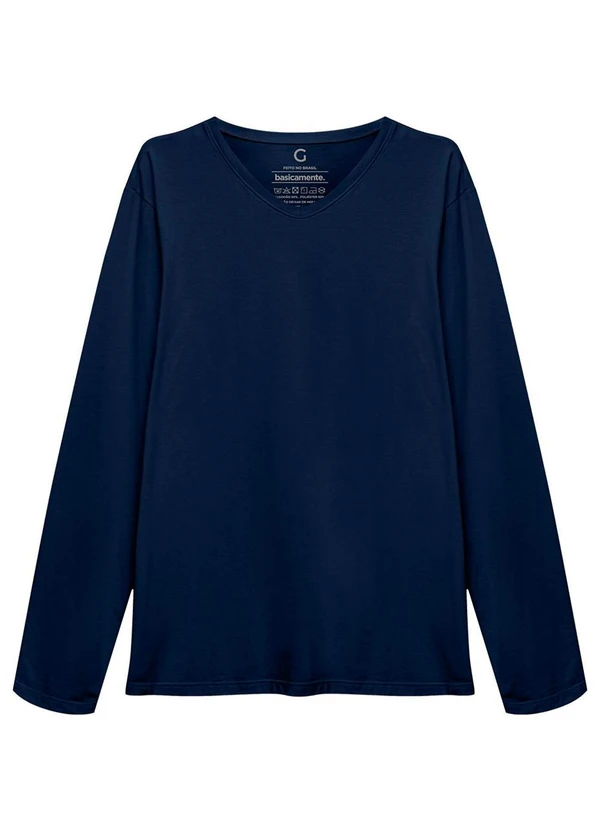 Basicamente - Camiseta Básica Gola V Manga Longa Azul Marinho