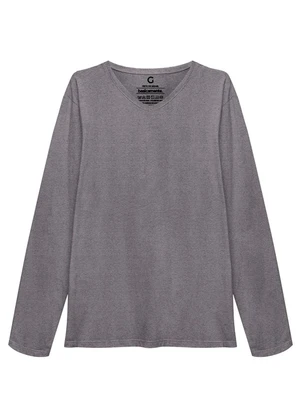 Basicamente - Camiseta Básica Gola V Manga Longa Mescla Escuro - BASICAMENTE