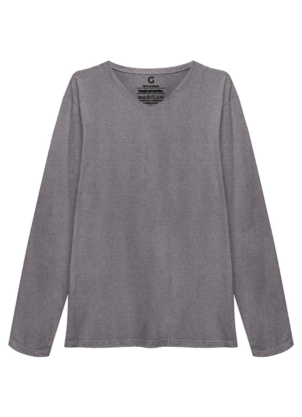 Basicamente - Camiseta Básica Gola V Manga Longa Mescla Escuro