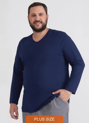 Basicamente - Camiseta Básica Gola V Manga Longa Plus Azul - BASICAMENTE