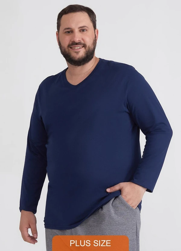 Basicamente - Camiseta Básica Gola V Manga Longa Plus Azul