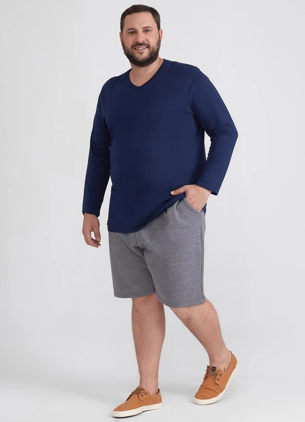 Basicamente - Camiseta Básica Gola V Manga Longa Plus Azul 2