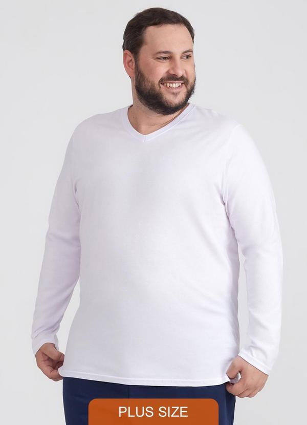 Basicamente - Camiseta Básica Gola V Manga Longa Plus Branco