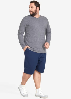 Basicamente - Camiseta Básica Gola V Manga Longa Plus Cinza - BASICAMENTE