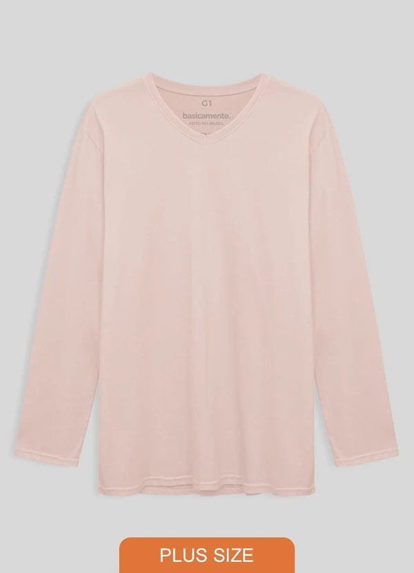 Basicamente - Camiseta Básica Gola V Manga Longa Plus Rosa
