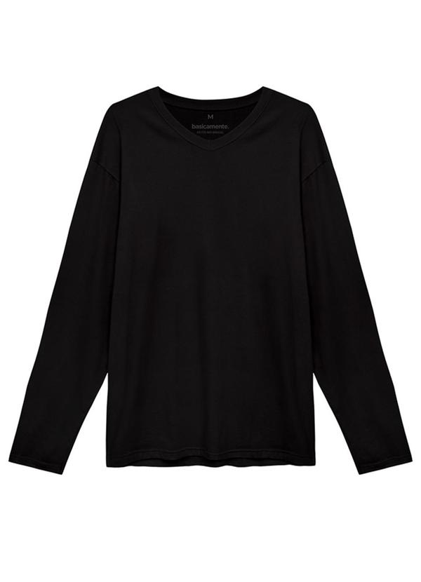 Basicamente - Camiseta Básica Gola V Manga Longa Preto