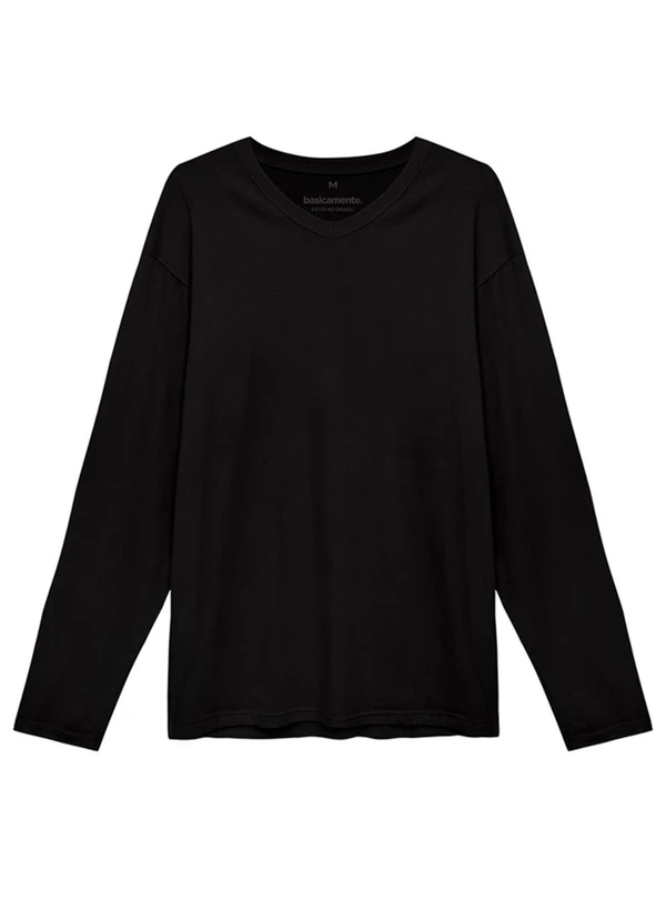 Basicamente - Camiseta Básica Gola V Manga Longa Preto