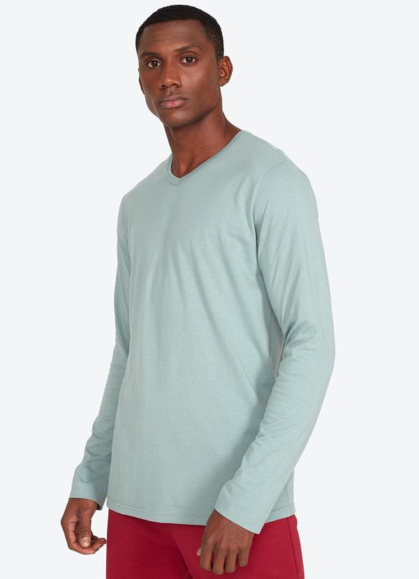 Basicamente - Camiseta Básica Gola V Manga Longa Verde Chá