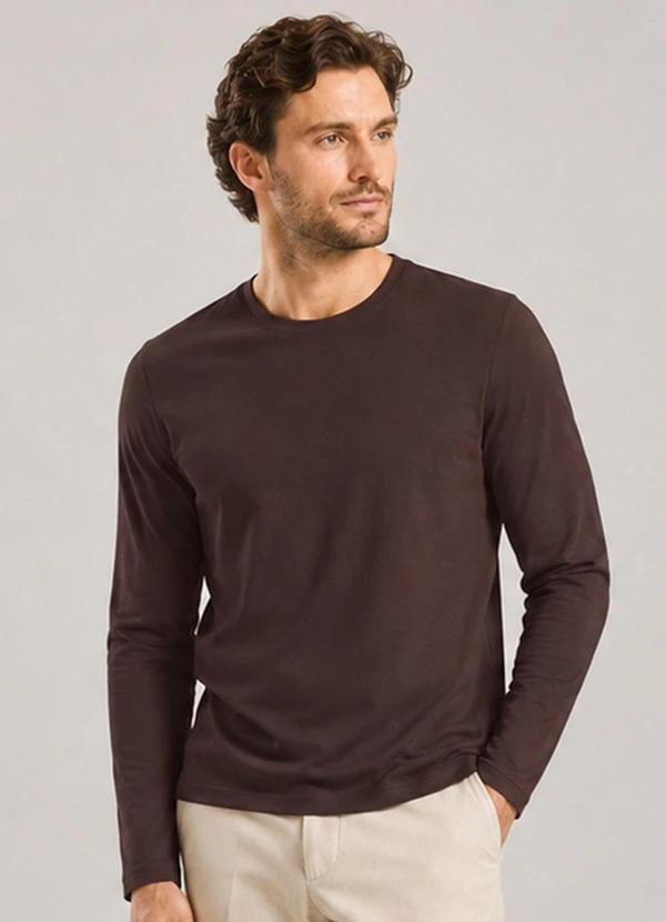 Select - Camiseta Manga Longa Meia Malha Masculina Marrom