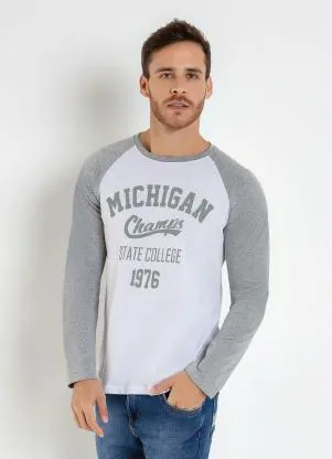 Moda Pop - Camiseta Manga Longa Raglan Branca e Mescla - MODA POP