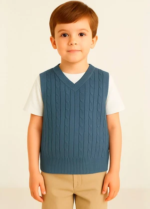 Doce Tom - Colete Infantil Tricot  com Decote V Azul   - DOCE TOM