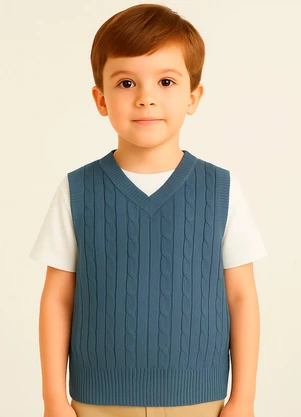 Doce Tom - Colete Infantil Tricot  com Decote V Azul   - DOCE TOM