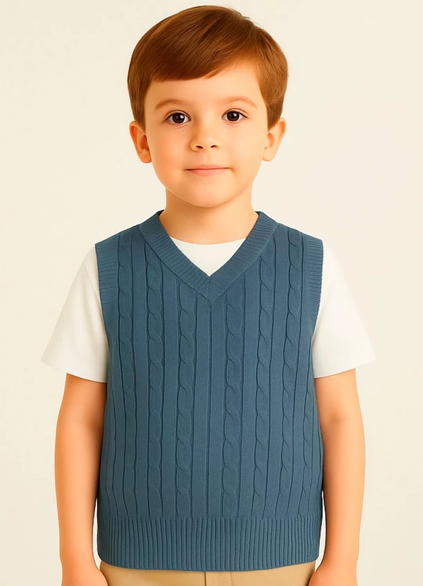 Doce Tom - Colete Infantil Tricot  com Decote V Azul   2