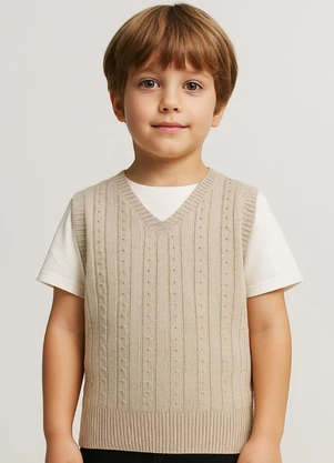 Doce Tom - Colete Infantil Tricot  com Decote V Bege - DOCE TOM