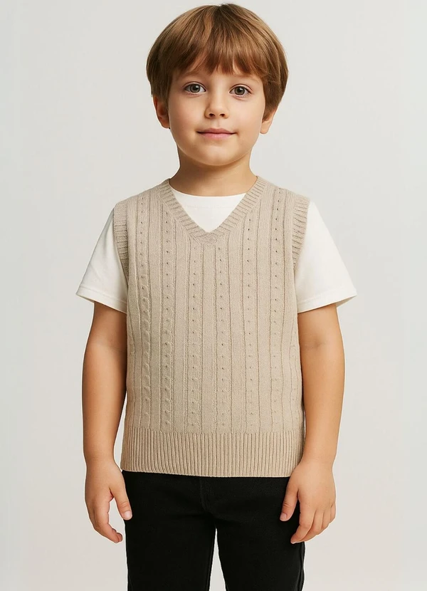 Doce Tom - Colete Infantil Tricot  com Decote V Bege