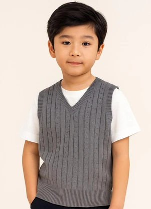 Doce Tom - Colete Infantil Tricot  com Decote V Cinza - DOCE TOM