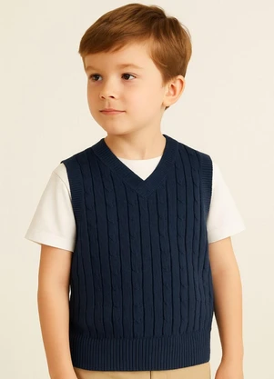 Doce Tom - Colete Infantil Tricot  com Decote V Marinho - DOCE TOM