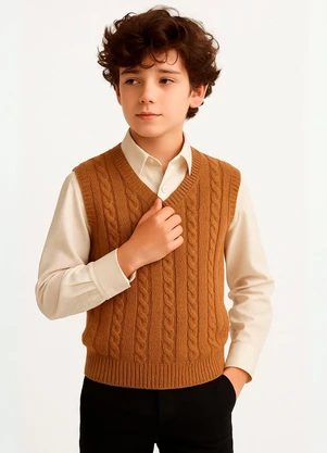 Doce Tom - Colete Infantil Tricot  com Decote V Marron - DOCE TOM