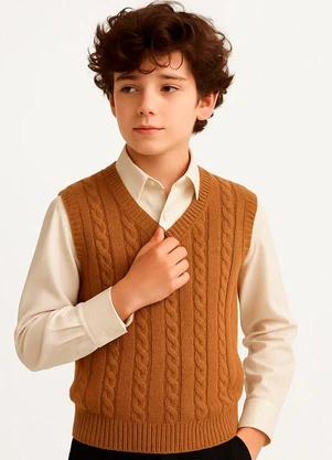 Doce Tom - Colete Infantil Tricot  com Decote V Marrom - DOCE TOM