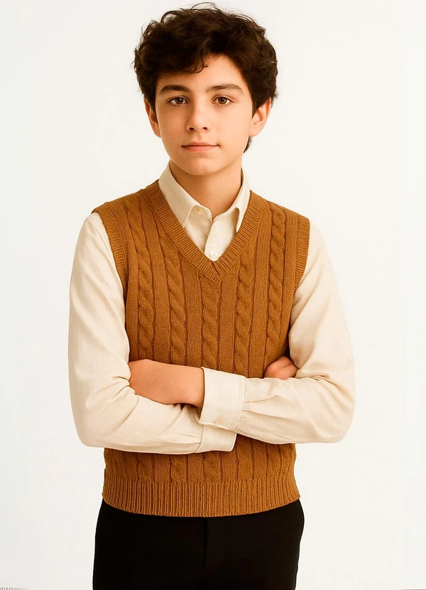 Doce Tom - Colete Infantil Tricot  com Decote V Marron 3